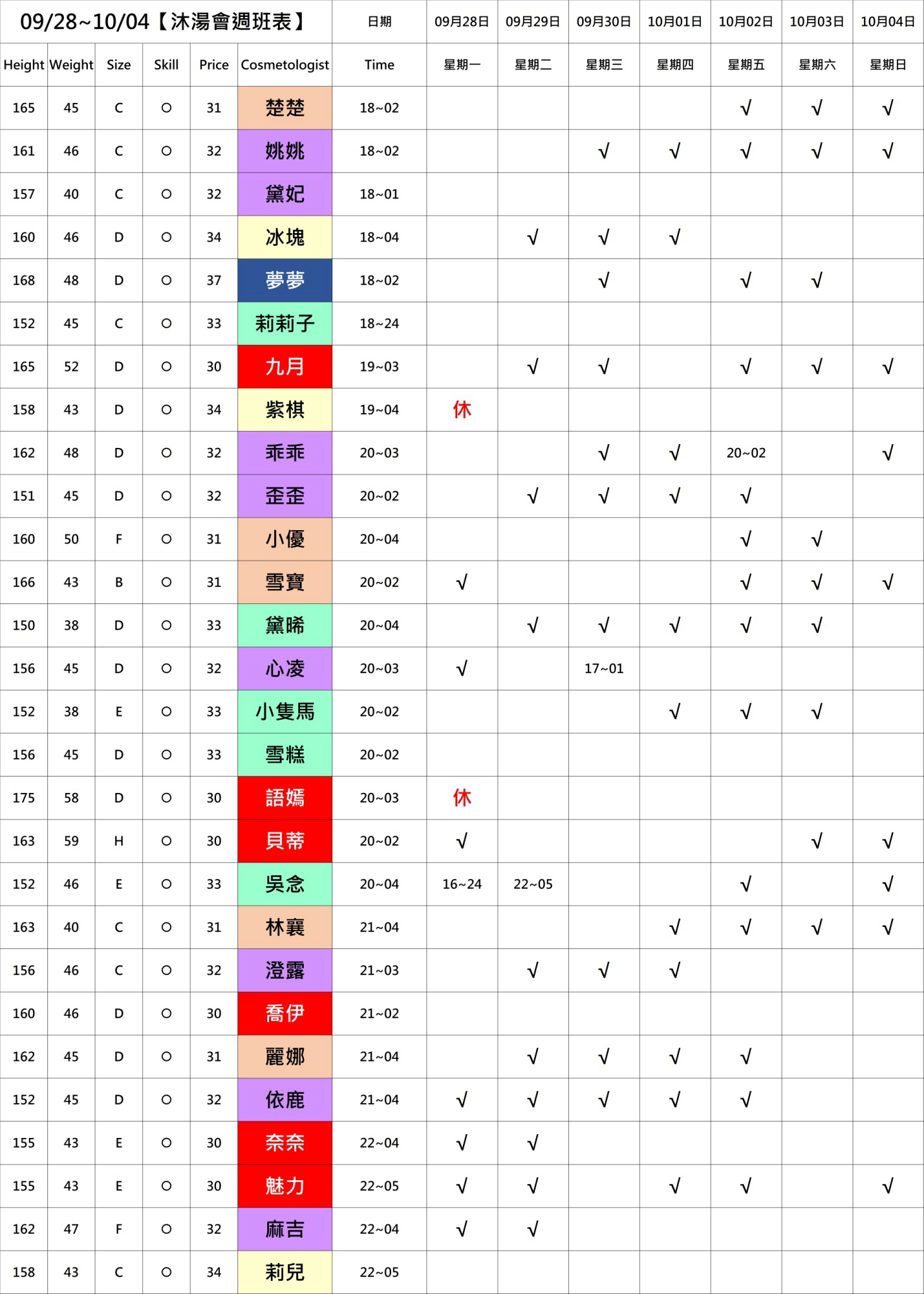 9館(沐湯會) 舒壓班表｜本周排班 2026/09/28~2026/10/4 第2張